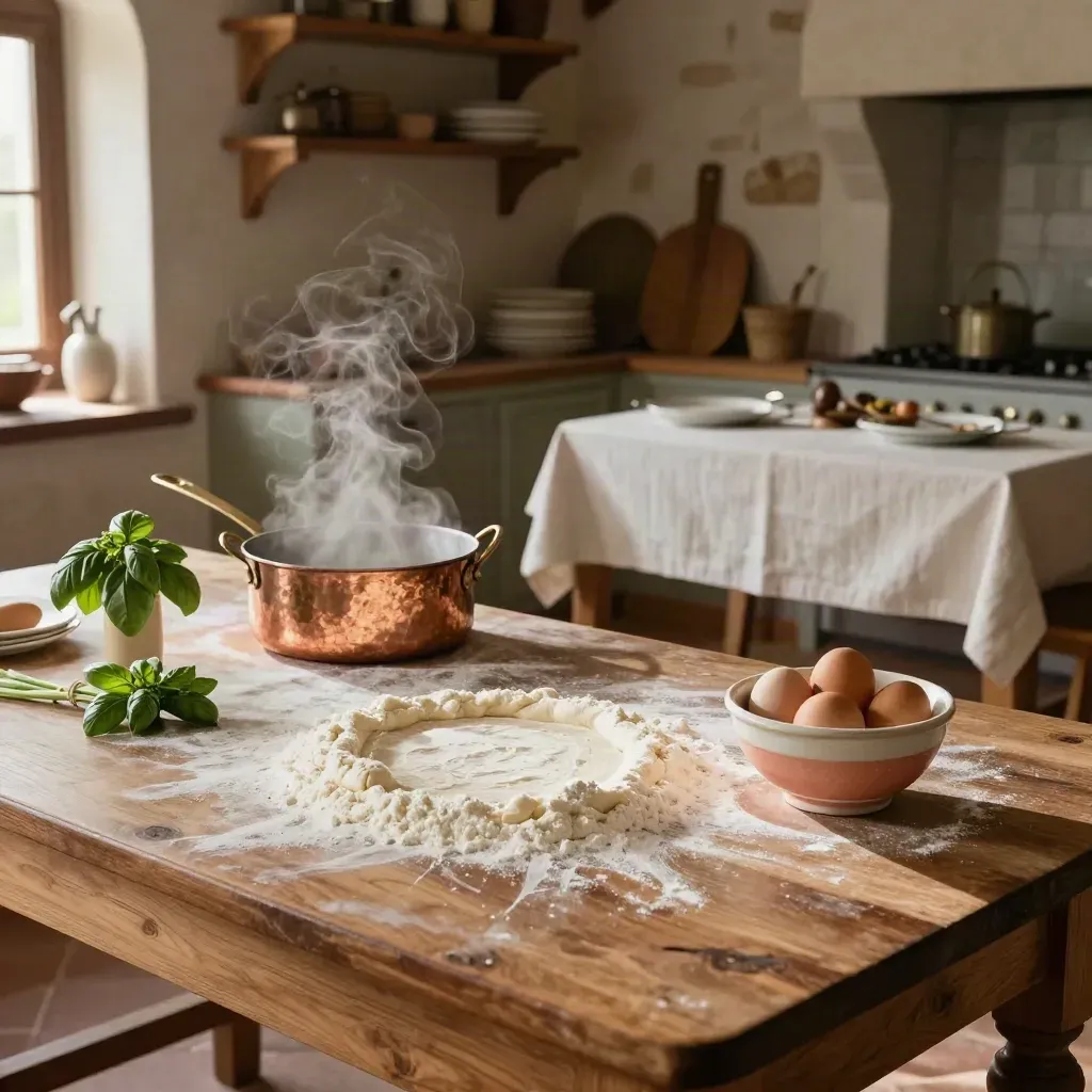 Cucina toscana con tavolo infarinato, pentola in vapore e tavola pronta per il pranzo.
