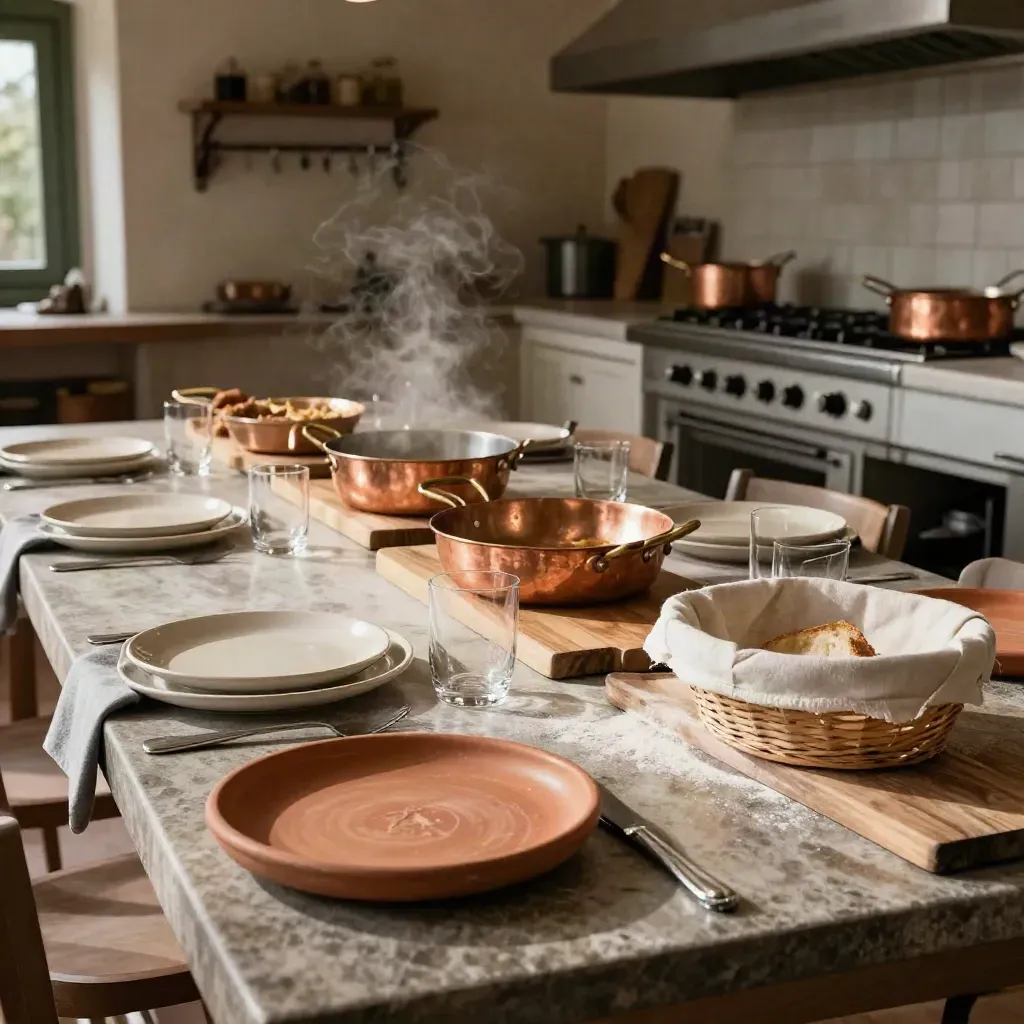 Tavolo pronto in una cucina fiorentina con piatti terracotta, rame e vapore